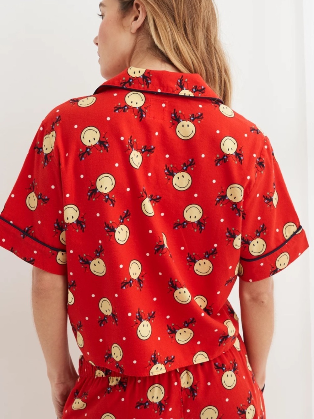 Aerie Smiley® Flannel Pajama Shirt + Ruffle Shorts Holiday Red Christmas PJ Set - Picture 4 of 13